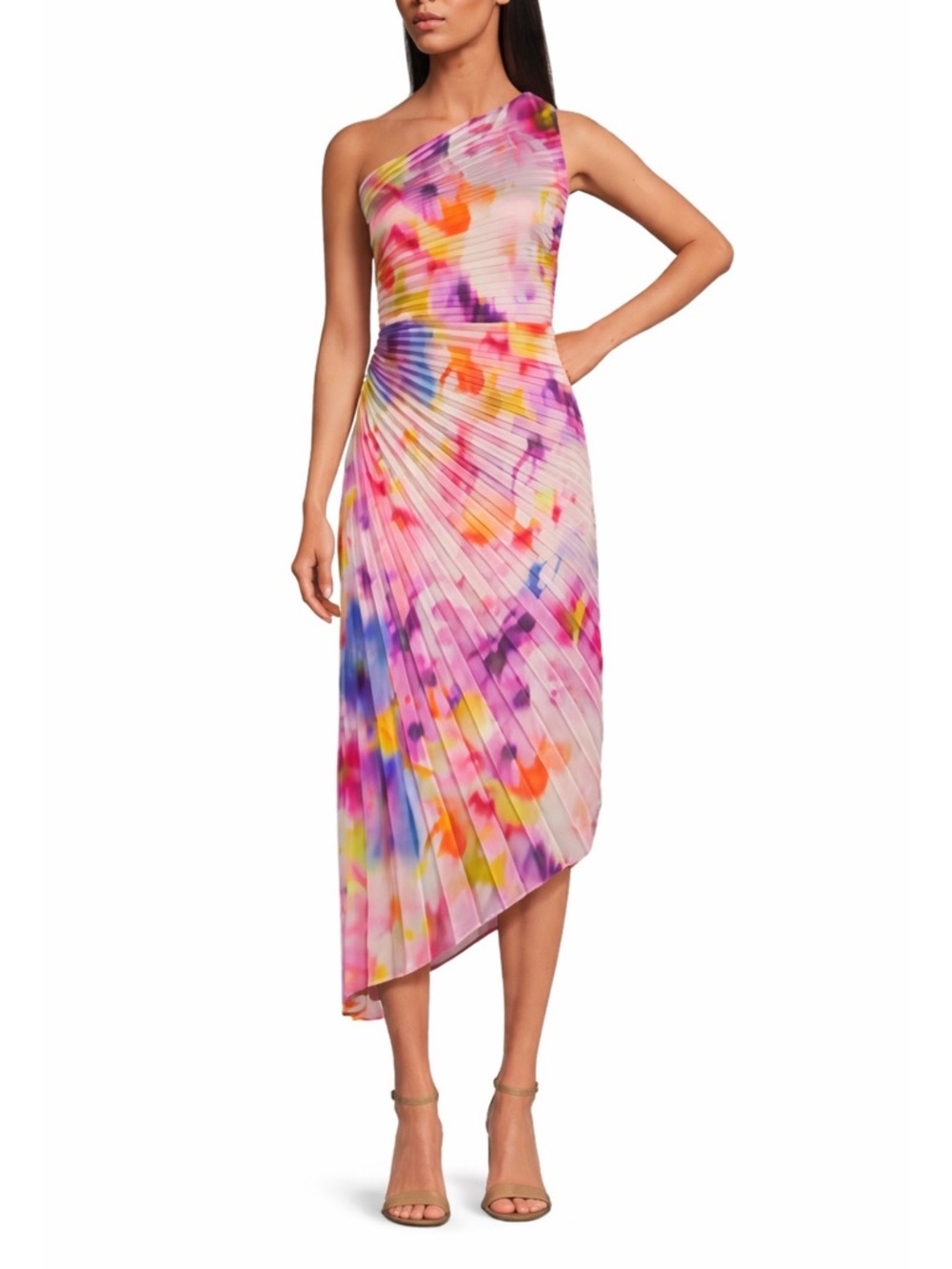 NWT Belle Badgley Mischka Kelsey Pleated Pink Multi Asymmetric Midi‎ Dress